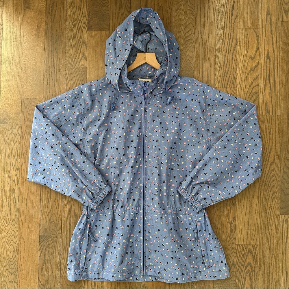 Vintage Ditsy Floral Hooded Rain Jacket in Cornflower Blue Multicolor Large